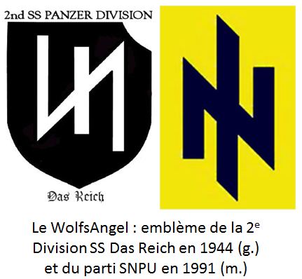 L’emblème du SNPU était la WolfsAngel (ou « Rune du Loup »), symbole classique chez les néo-nazis. 