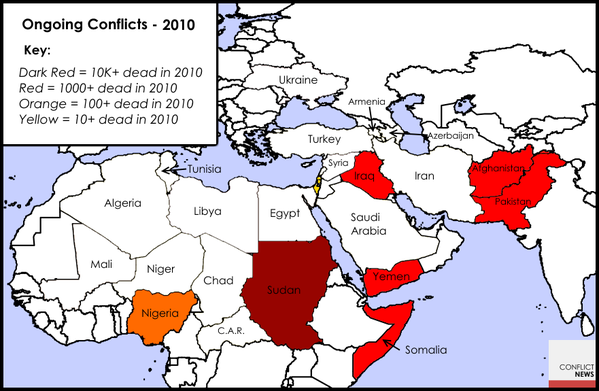 Mapa Europy i północnej Afryki ze wskazaniem państw, w których były konflikty w 2010 roku