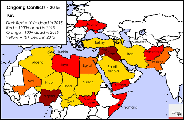 Mapa Europy i północnej Afryki pokazująca państwa, w których były konflikty w 2015 roku