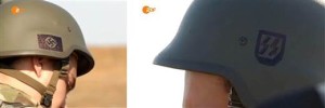 Symboles nazis sur les casques portés par les membres du bataillon Azov d'Ukraine. (Filmé par une équipe de tournage norvégienne et diffusé à la télévision allemande.)