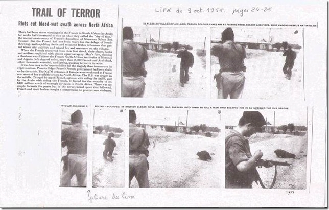« Trail of terror. Riots cut blood-wet swath across North Africa », Life, 5 septembre 1955 (édition américaine) et 3 octobre 1955 (édition internationale), pp. 24 25.