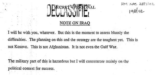 Photo non datée publiée par l'enquête sur l'Irak d'une note sur l'Irak envoyée par l'ancien premier ministre Tony Blair au président des États-Unis George W. Bush. | PA