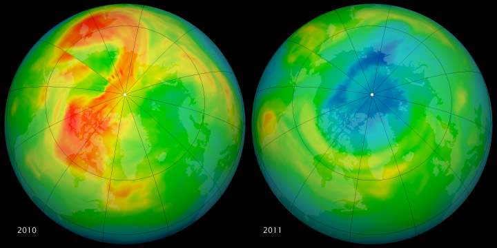 Trou de la couche d'ozone Arctique hémisphère nord 2011