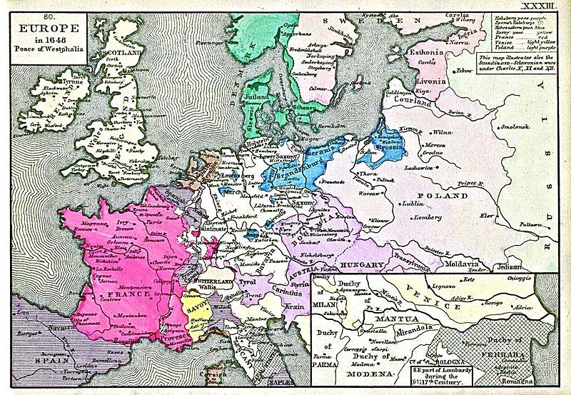 Maison des Habsbourg (en mauve) ; Maison des Hohenzollern (en bleu) ; l'empire de Suède ; La monarchie danoise ; les îles britanniques ; la France (en rouge) ; l'Allemagne ; les républiques de Pologne ; La frontière ouest de la Russie.