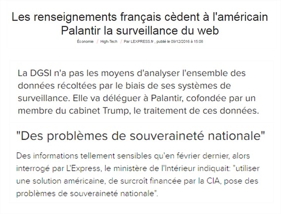 Les renseignements français cèdent à l’américain Palantir la surveillance du web Palantir