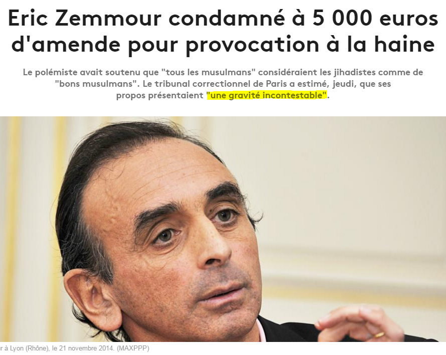 » Eric Zemmour condamné à 5 000 euros d’amende pour provocation à la haine